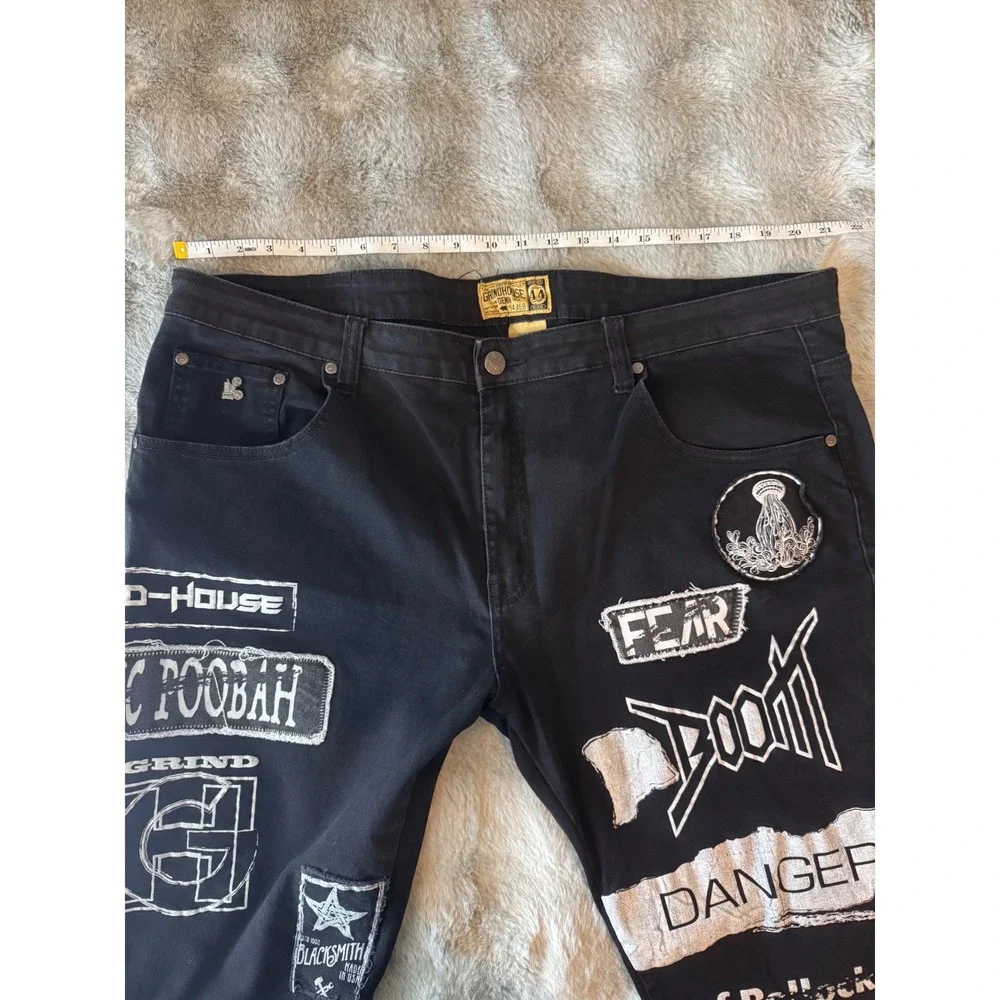 Grindhouse Denim Mens Black Graphic Patch Punk Streetwear Jeans Size 44x30-0592